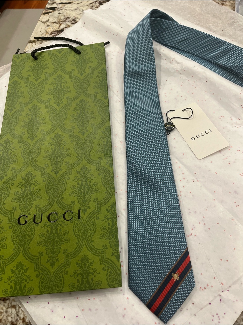 Gucci Light Blue Geometric Silk Tie with Red-Navy Stripe and Gold Bee